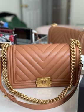 CHANEL BOY CAVIAR Leather Chevron Brown Microchipped